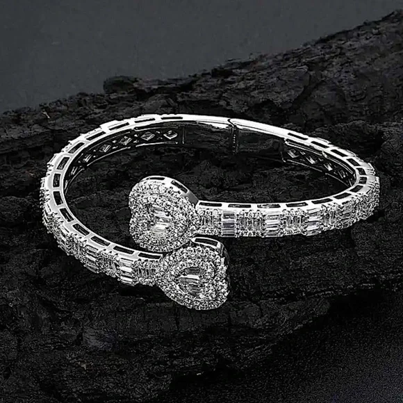 Open Heart Silver Baguette Iced Out Cubic Zircon Diamond Bangle Cuff Bra… - Picture 3 of 13